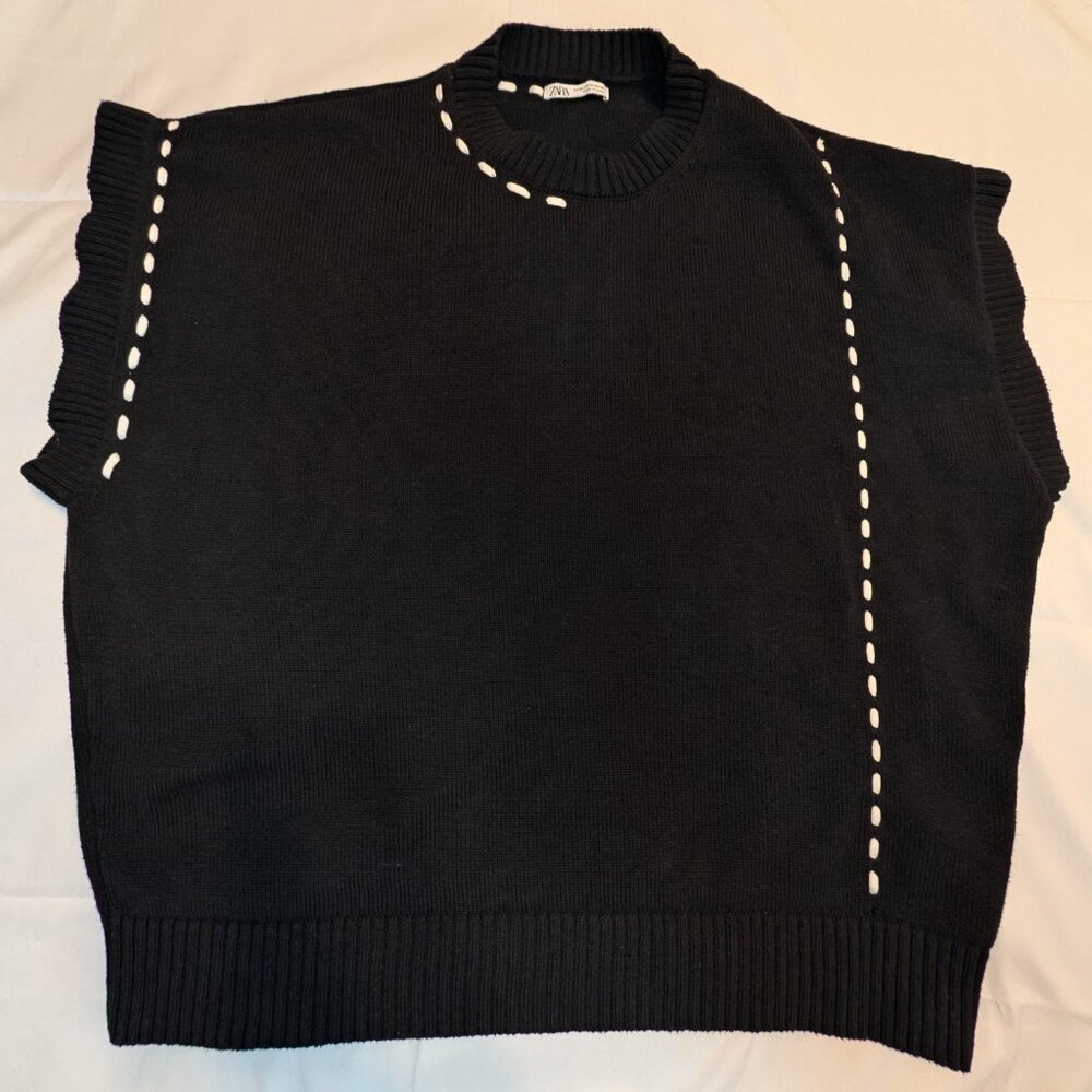 Zara Black with White Stitch Detail Sweater Vest Short Sleeve Oversized